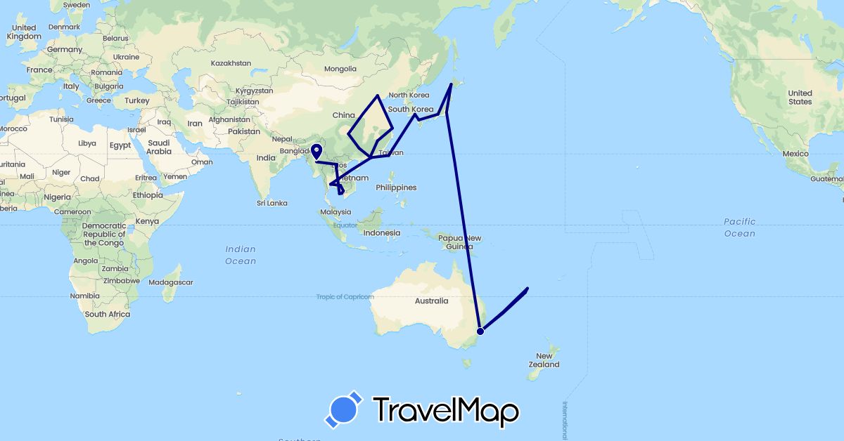 TravelMap itinerary: driving in Australia, China, France, Japan, Cambodia, South Korea, Laos, Myanmar (Burma), Thailand, Taiwan (Asia, Europe, Oceania)